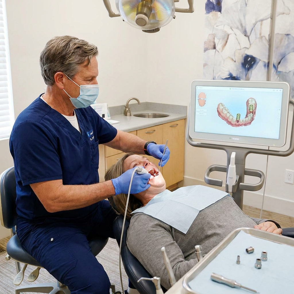 A dentist at Schaefer Dental Group in Brighton uses an intraoral scanner to map a patient arch for a bridge on a 3D monitor.