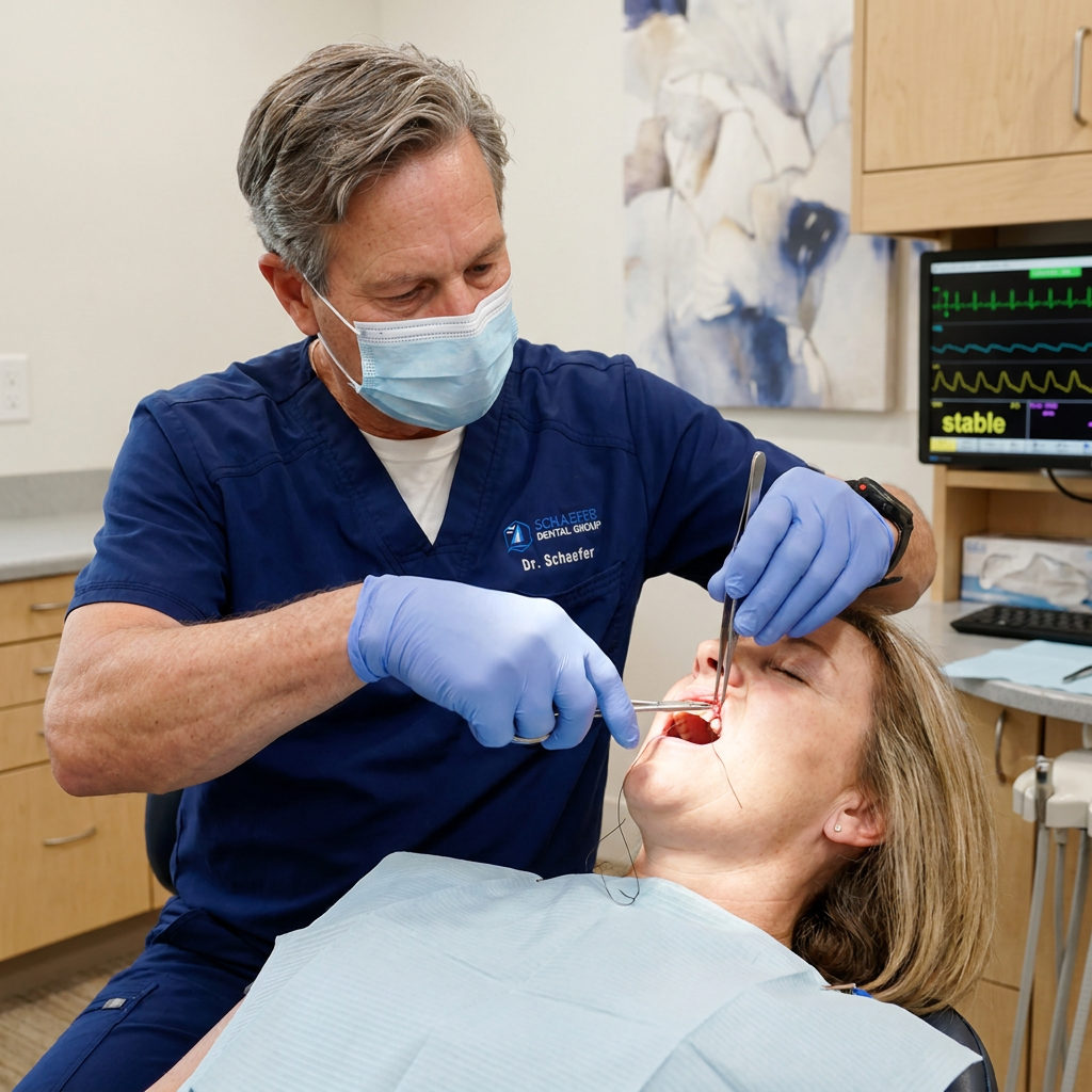 A dentist at Schaefer Dental Group - Brighton performs oral surgery closure with sutures for a reclined patient.