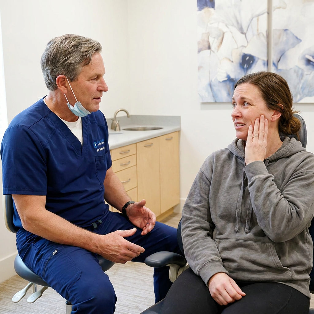 A Schaefer Dental Group dentist in navy scrubs listens to a patient in a Brighton, MI emergency dental exam room.