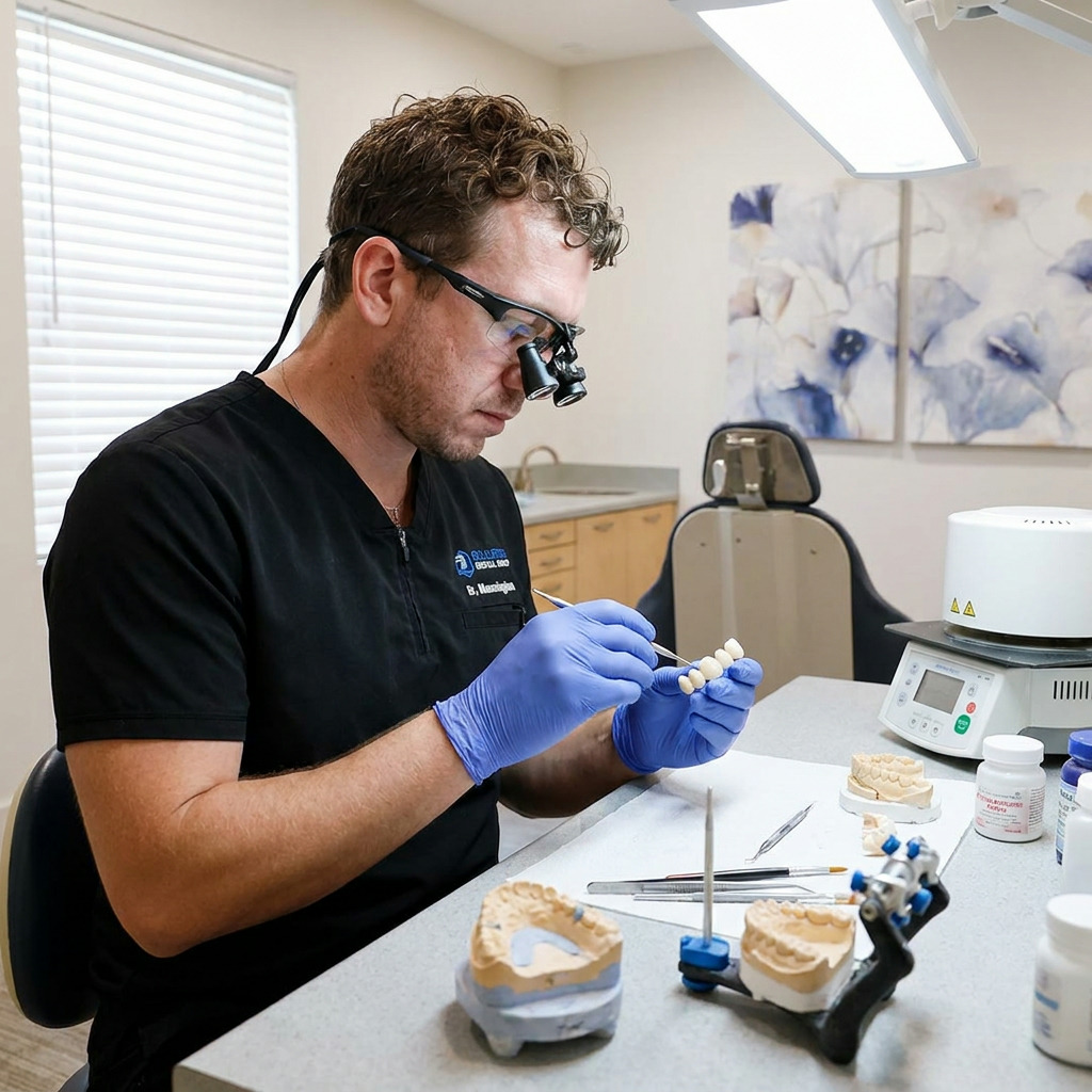 Dr. Manningham precisely crafts a custom ceramic dental bridge in a dental laboratory.