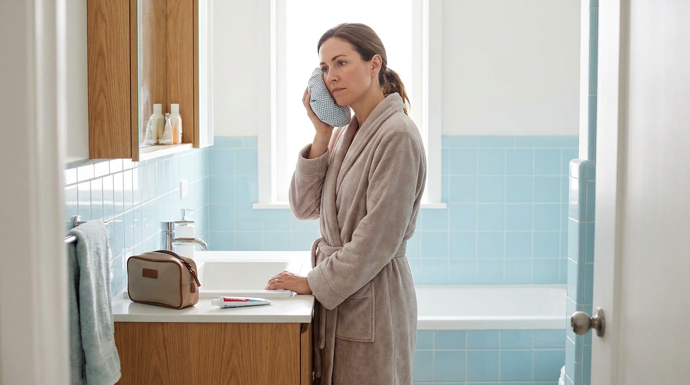 Grace wears a plush bathrobe and holds an ice pack against her cheek while standing beside a sink in a blue-tiled bathroom.