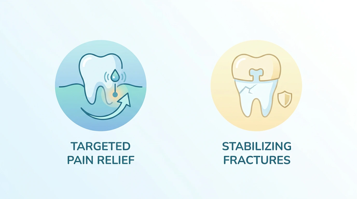 Two dental icons illustrate targeted pain relief with a droplet entering a tooth root and stabilizing fractures with a dental crown placed over a cracked tooth.