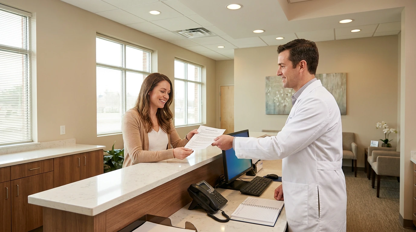 Grace smiles as a dentist in a white coat hands her a printed document across a reception desk in a dental office.