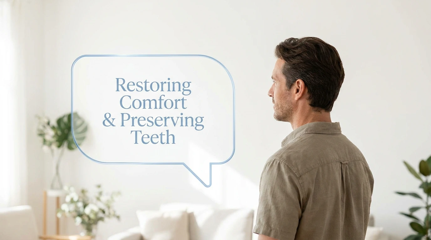 A man in a tan short-sleeved shirt faces left beside a blue speech bubble graphic reading Restoring Comfort & Preserving Teeth in a sunlit room.