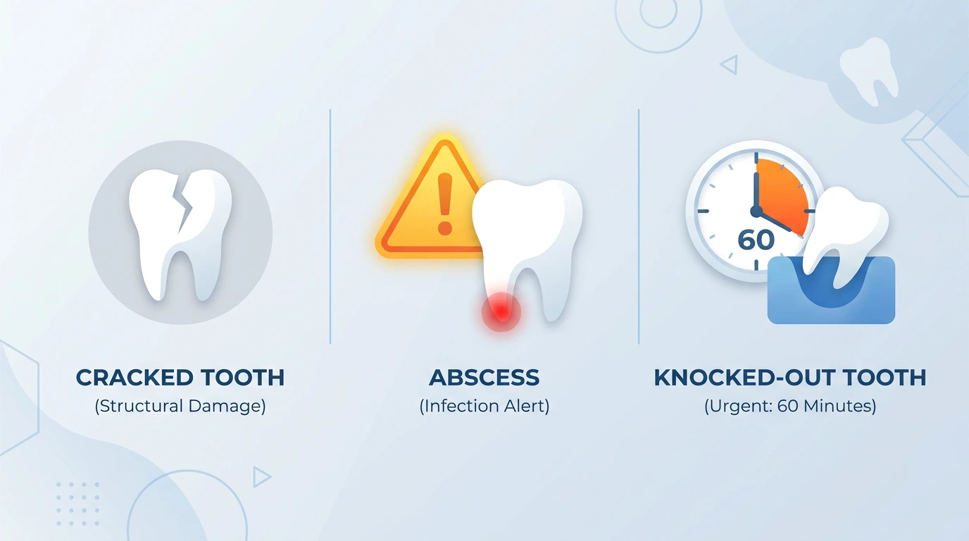 Three dental emergency icons depict a cracked tooth, an abscess beside a warning triangle, and a knocked-out tooth next to a 60-minute clock timer.