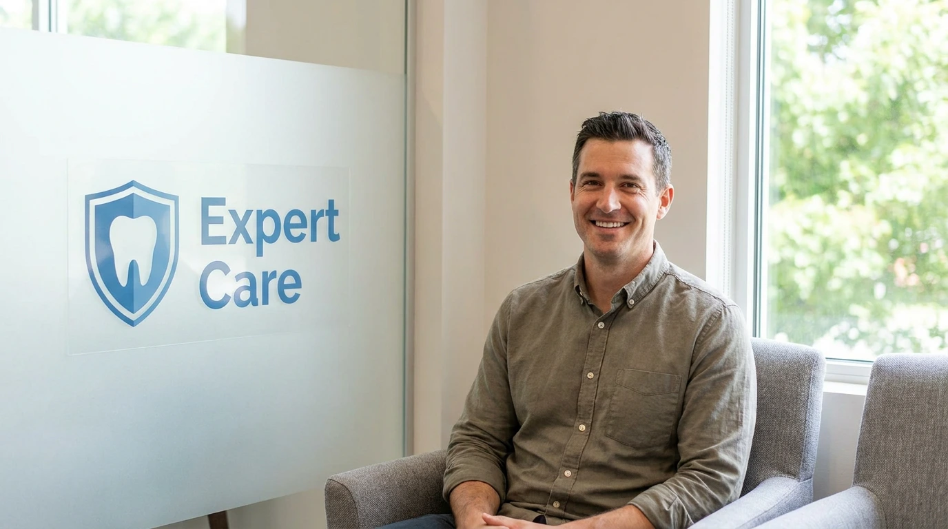 A smiling man in an olive shirt sits in a grey armchair beside a frosted glass wall showing a tooth shield icon and the words Expert Care