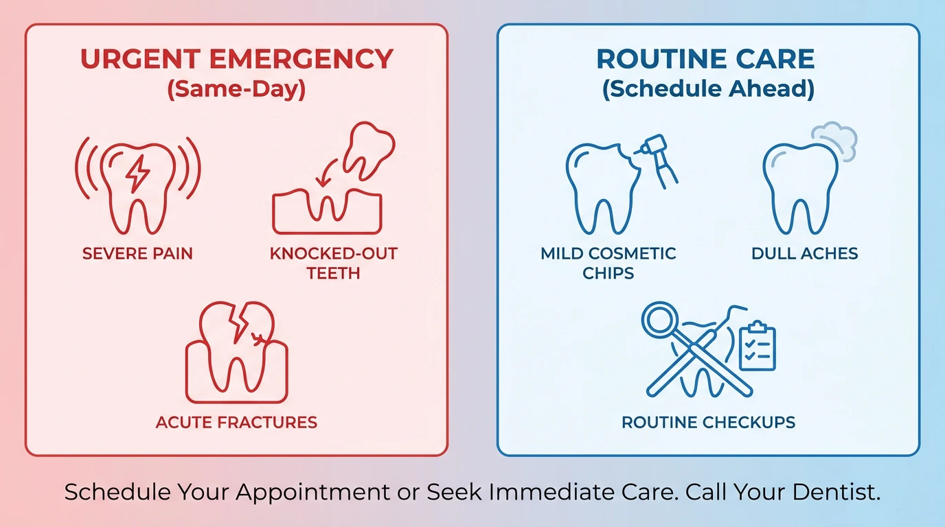 An infographic contrasts urgent dental emergencies in red with routine dental care in blue, displaying illustrated icons for severe pain, knocked-out teeth, fractures, chips, dull aches, and checkups.