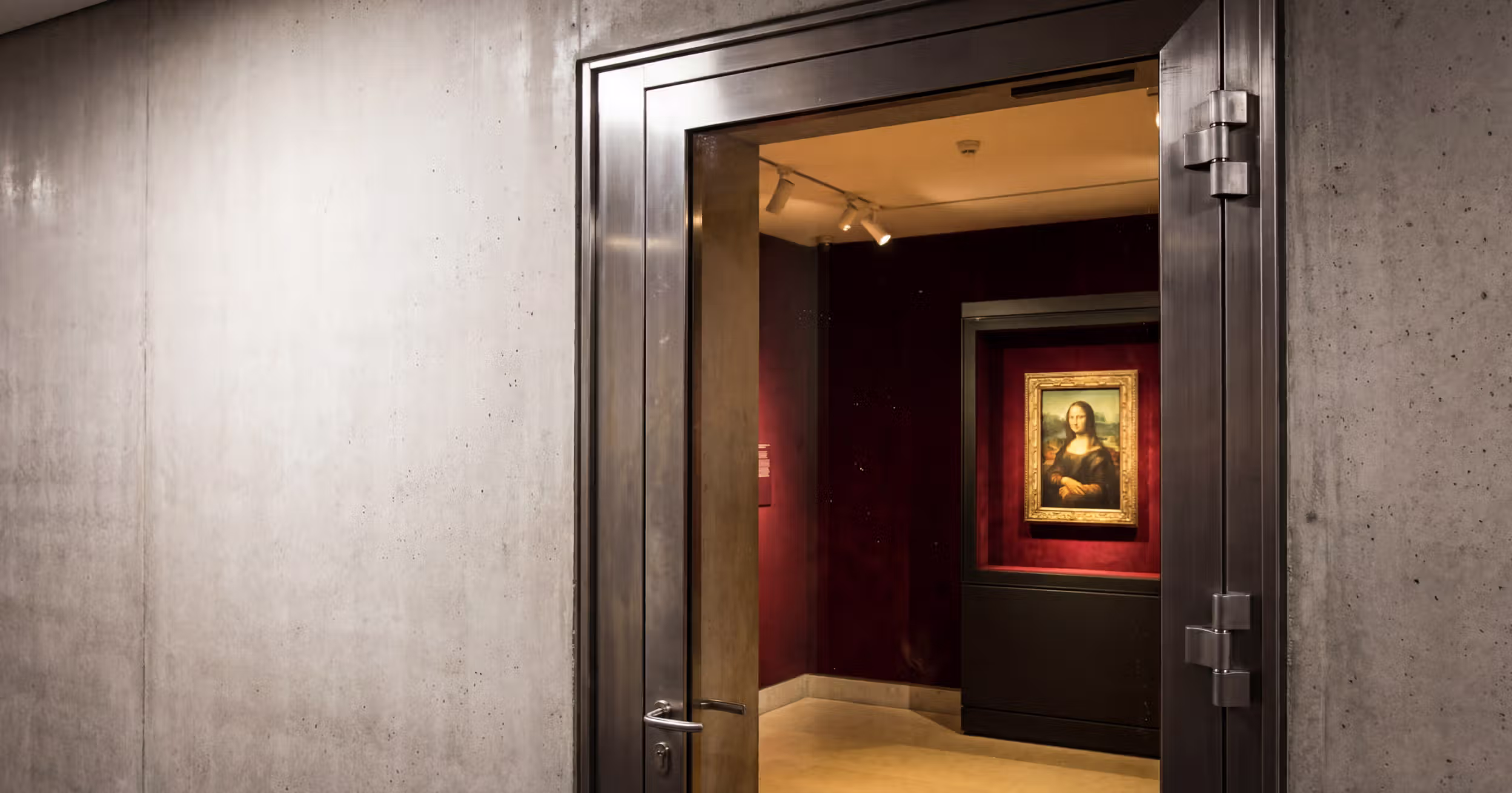 An open vault-like door revealing the Mona Lisa displayed on a red gallery wall