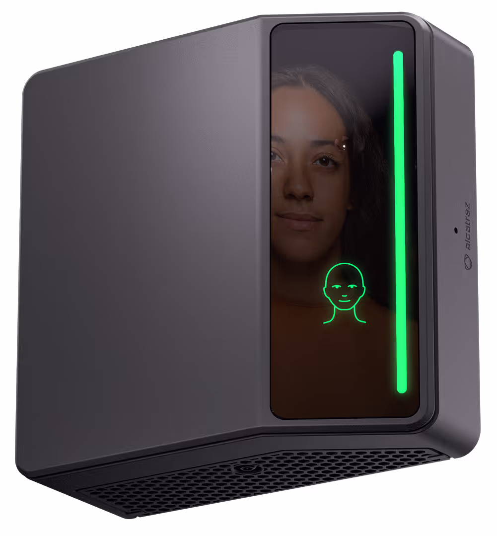 Rock X reader scanning a person's face, green light bar active.