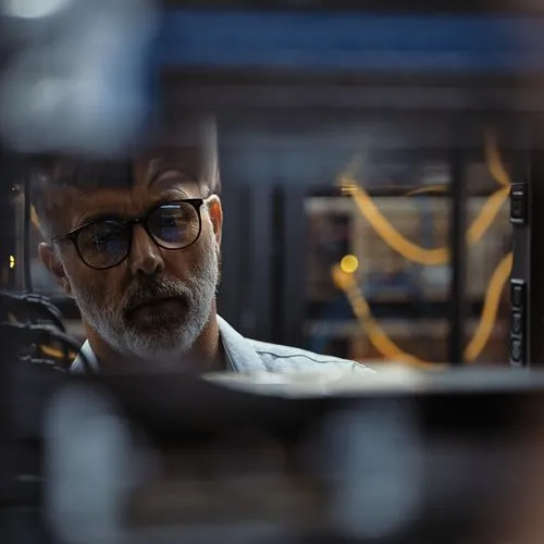 A man in glasses working in a server room