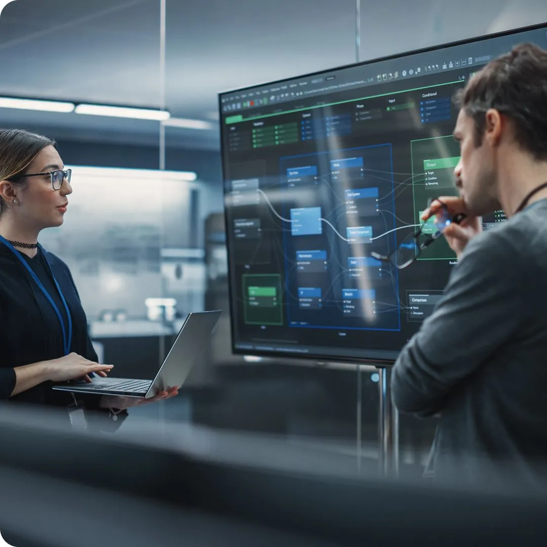 Two colleagues reviewing a large dashboard screen in a control room, one holding a laptop