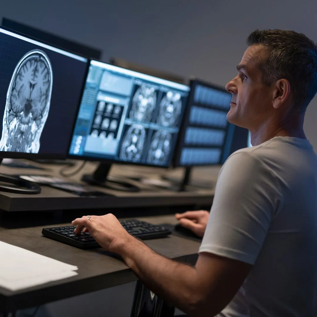 A clinician at a workstation reviewing medical brain-scan images across multiple monitors
