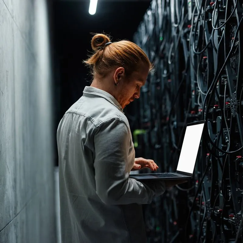 Technician with a laptop in a server aisle