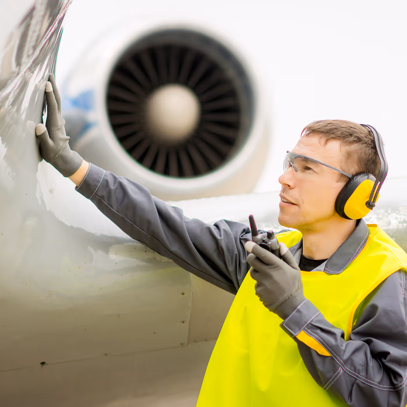 An aviation worker in a safety vest, goggles, and ear protection inspecting an aircraft engine
