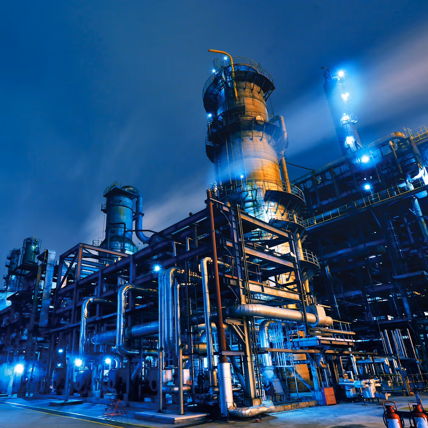 An industrial refinery lit up at night with towers and piping
