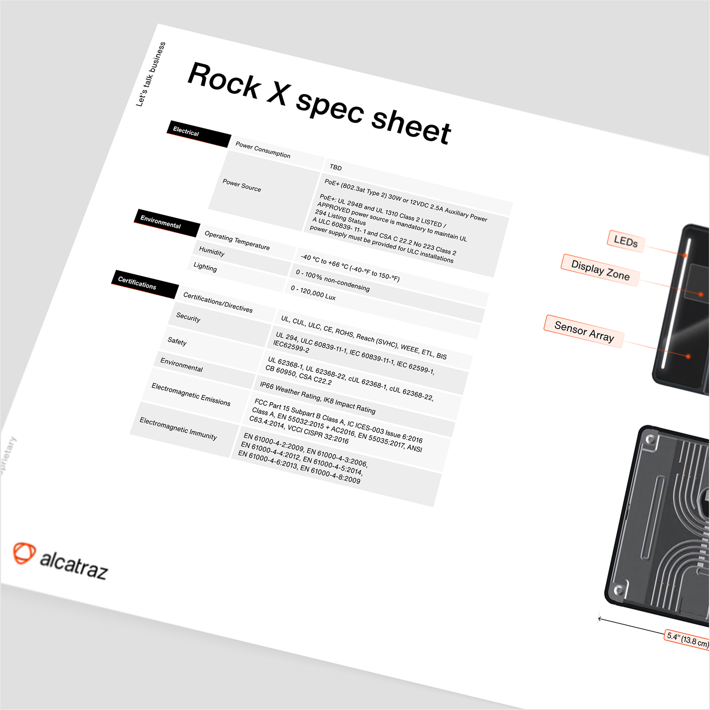 Angled view of the Rock X spec sheet alongside a close-up of the Rock X device with labeled components