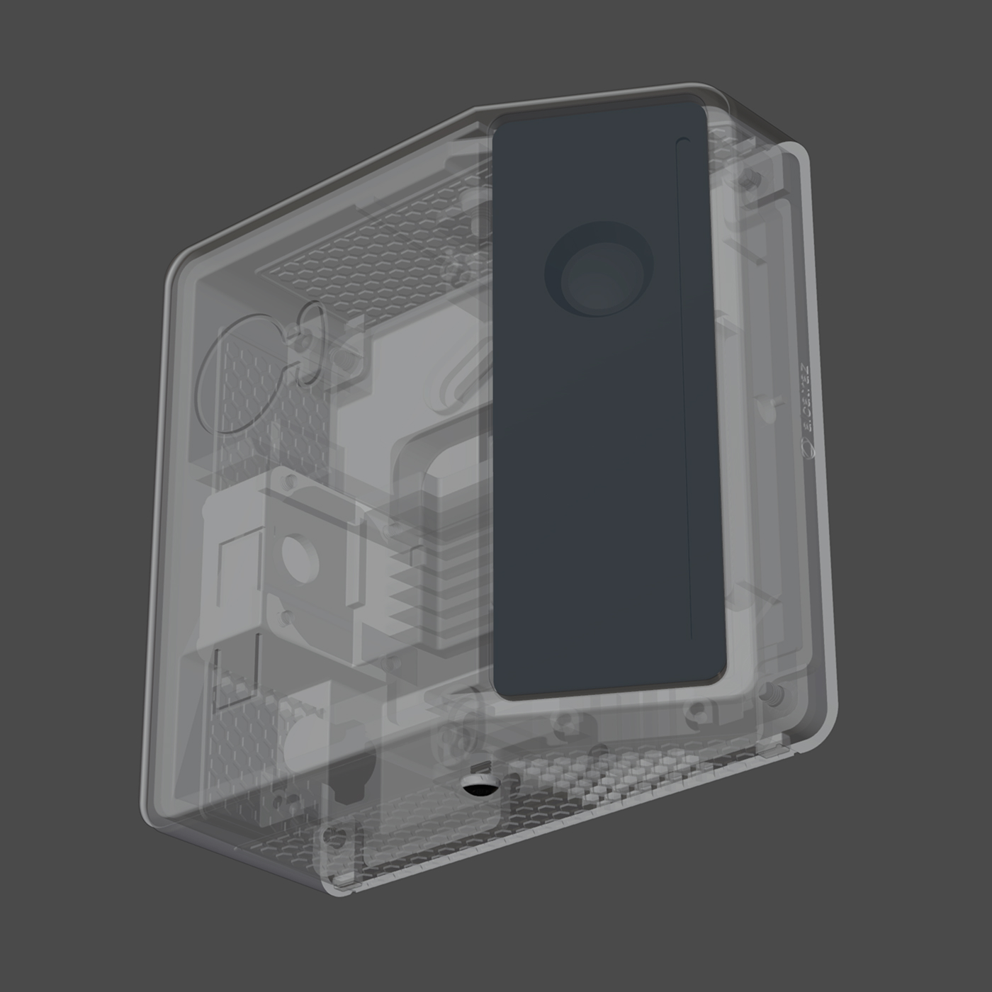X-ray style rendering of an Alcatraz access control device revealing its internal components