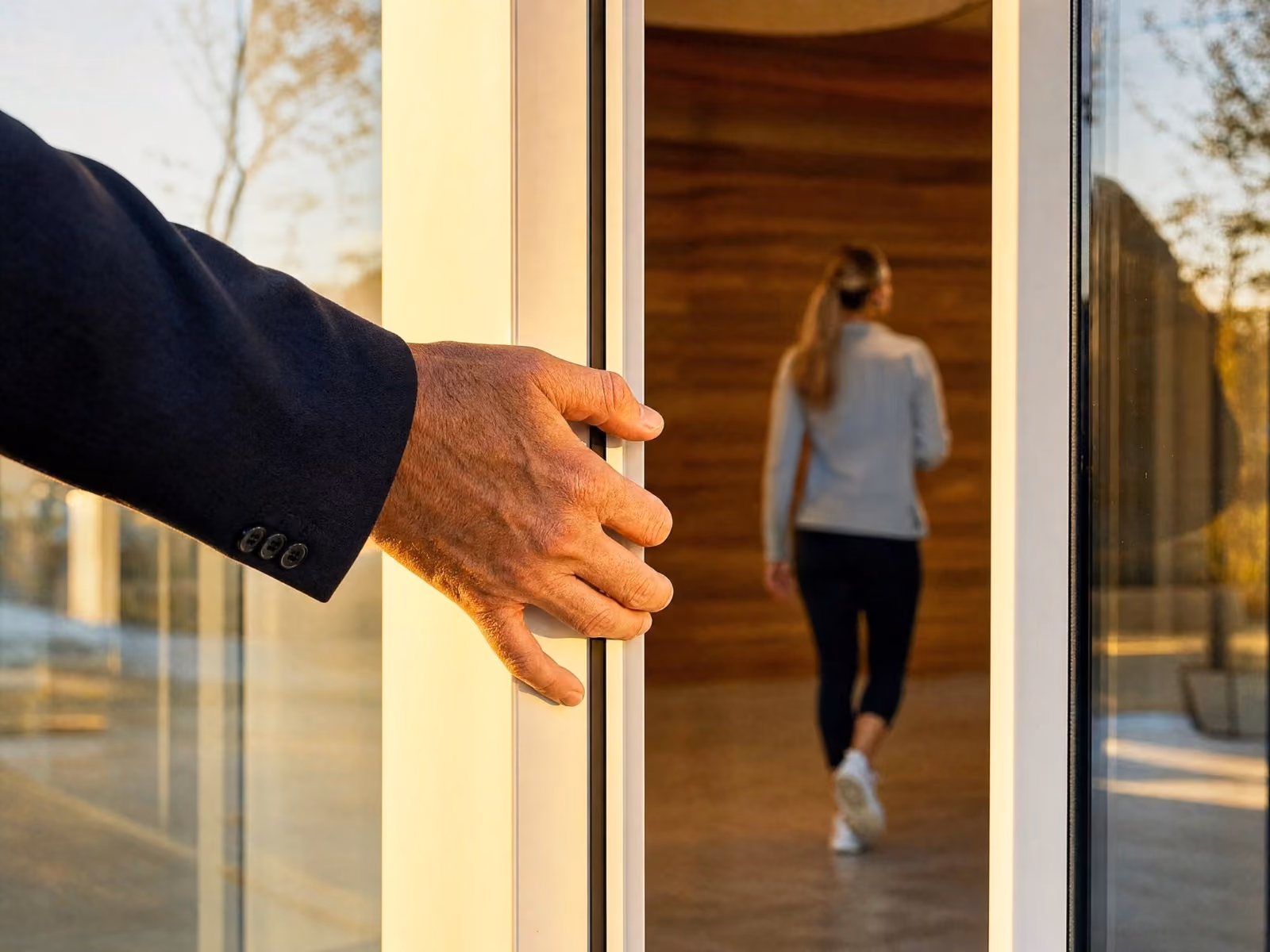 A hand holding a glass door open while someone walks into the building