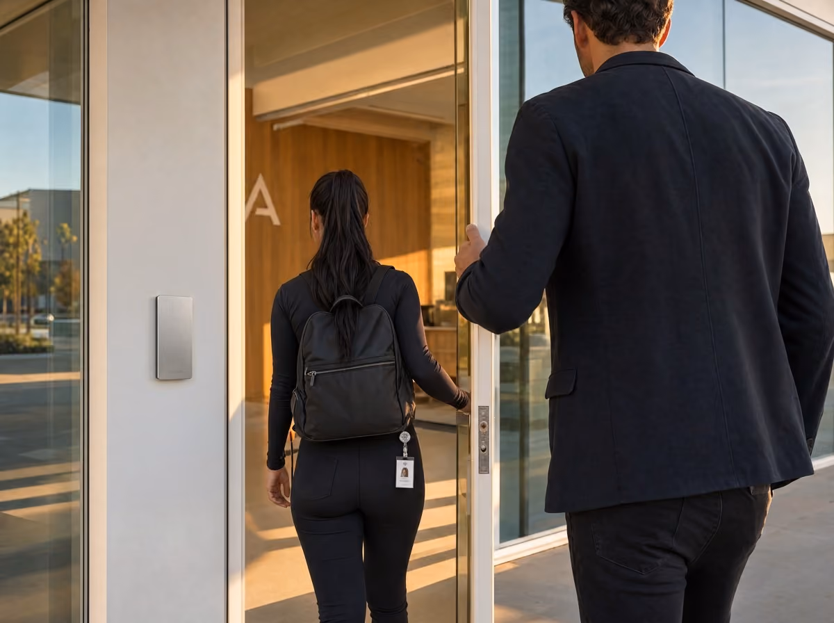 A badge reader at a glass entrance as two people walk in on one credential