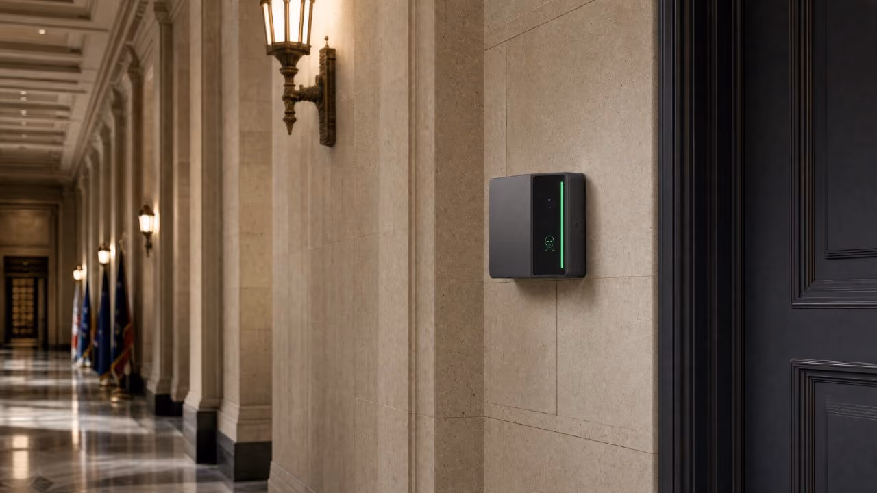 Rock X in a government building corridor