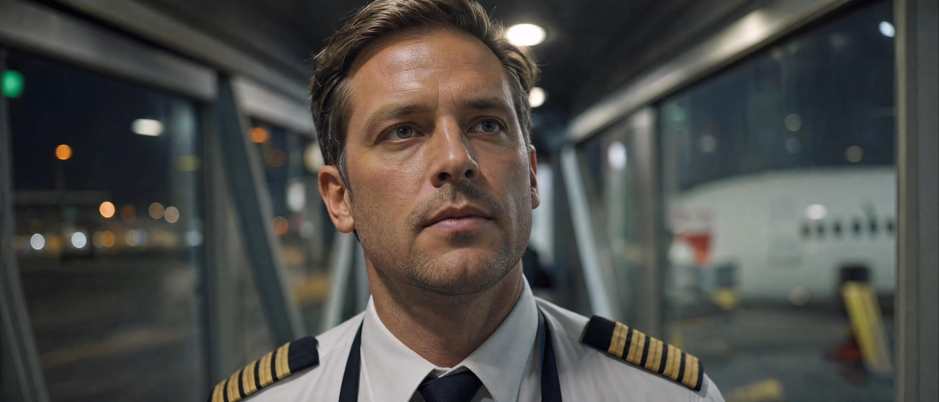 An airline captain looking up in a jet bridge, an orange aura tracing his face