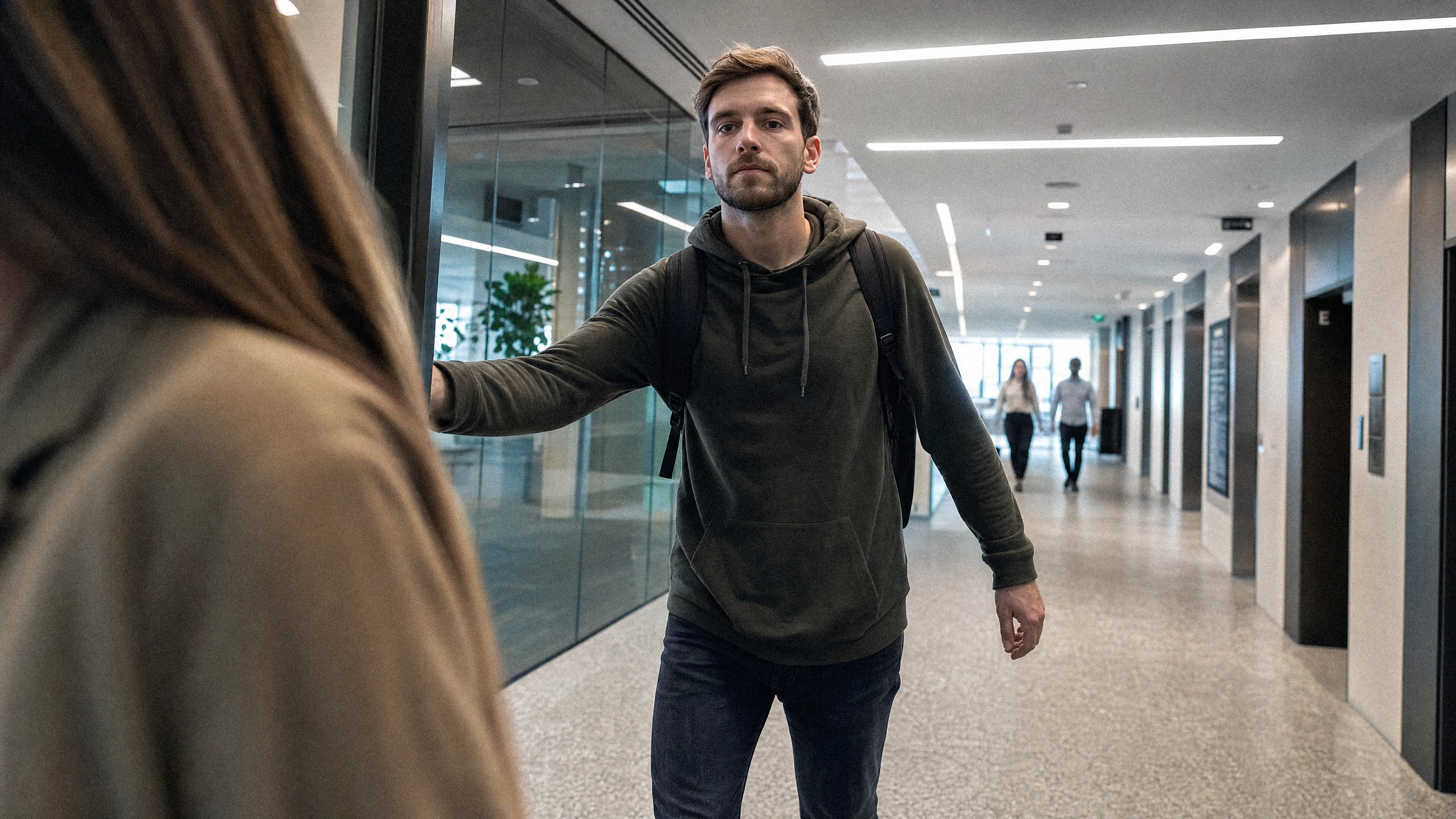 A second person following an employee through a door in an office corridor, the follower's face acquired by the reader