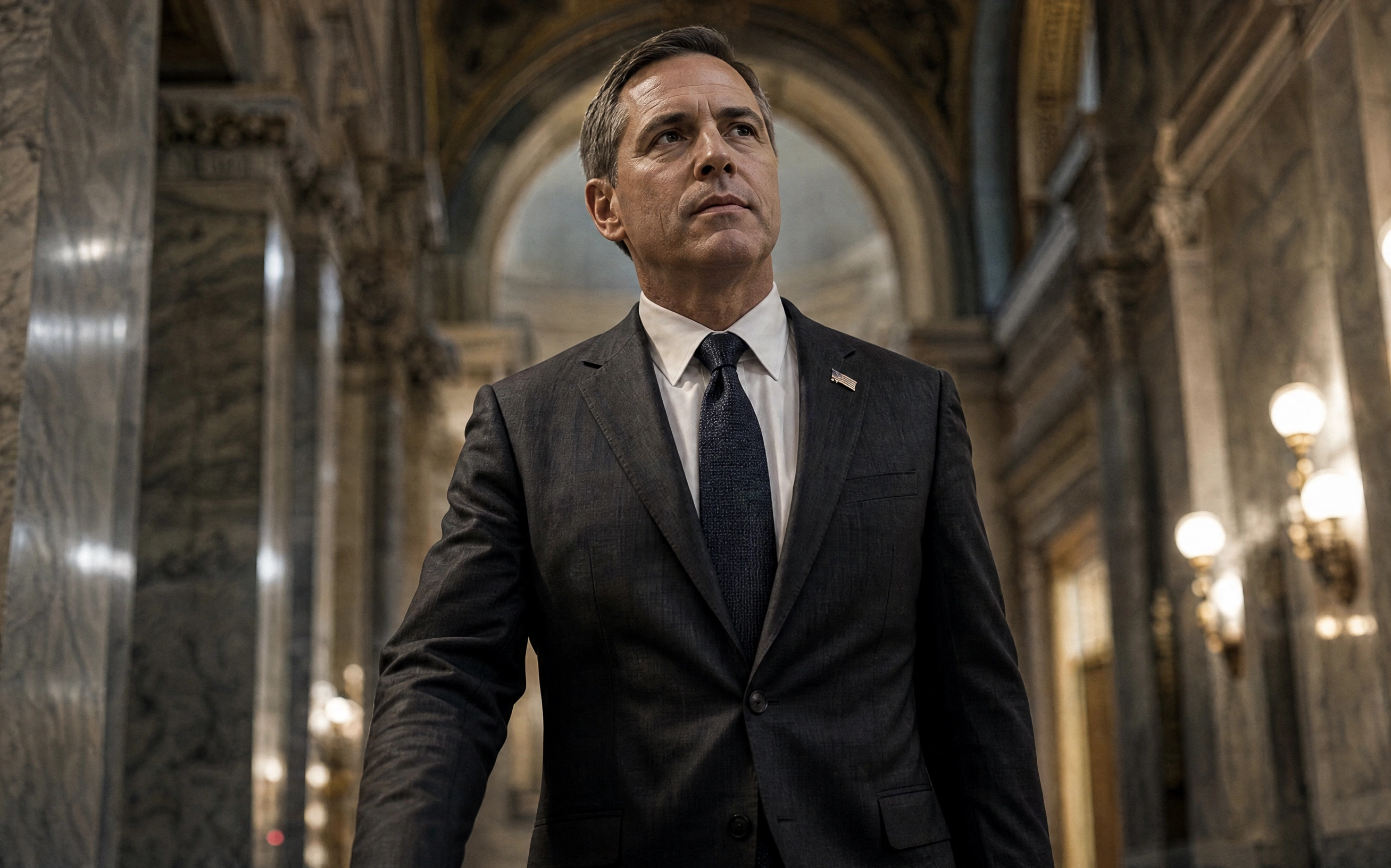 An executive walking through a marble government hall