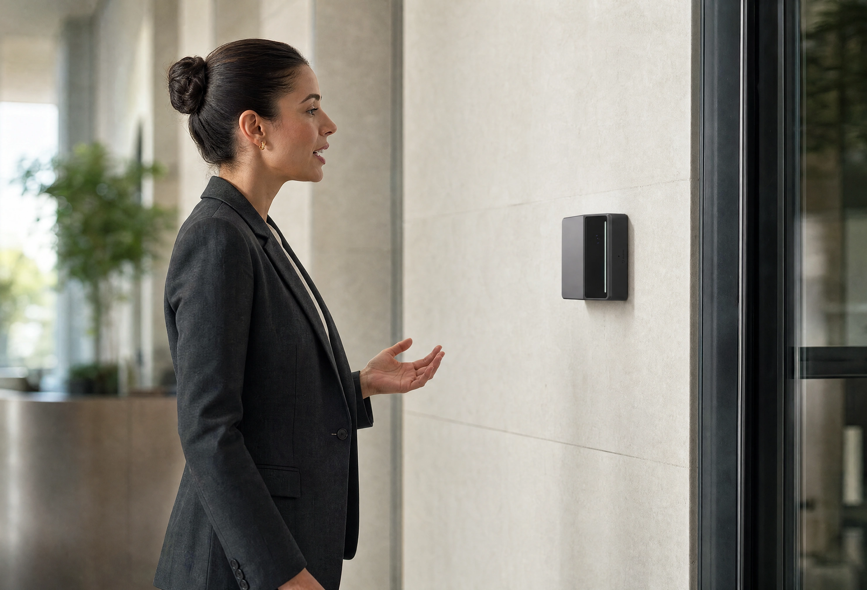 A visitor speaking to the team through the Rock X two-way SIP intercom at the entrance
