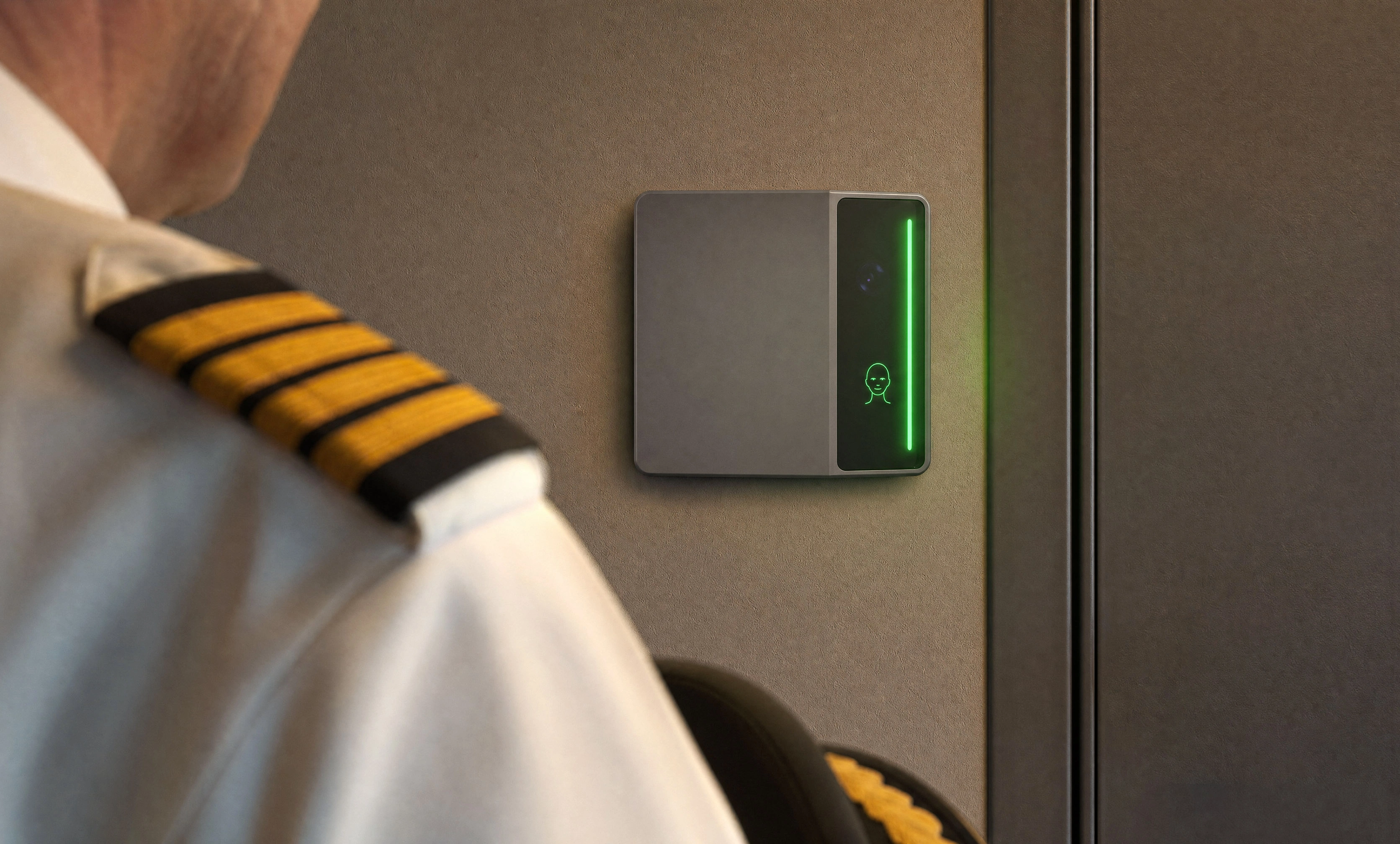 A pilot in uniform approaching a Rock X device mounted beside a crew door, its light strip glowing green