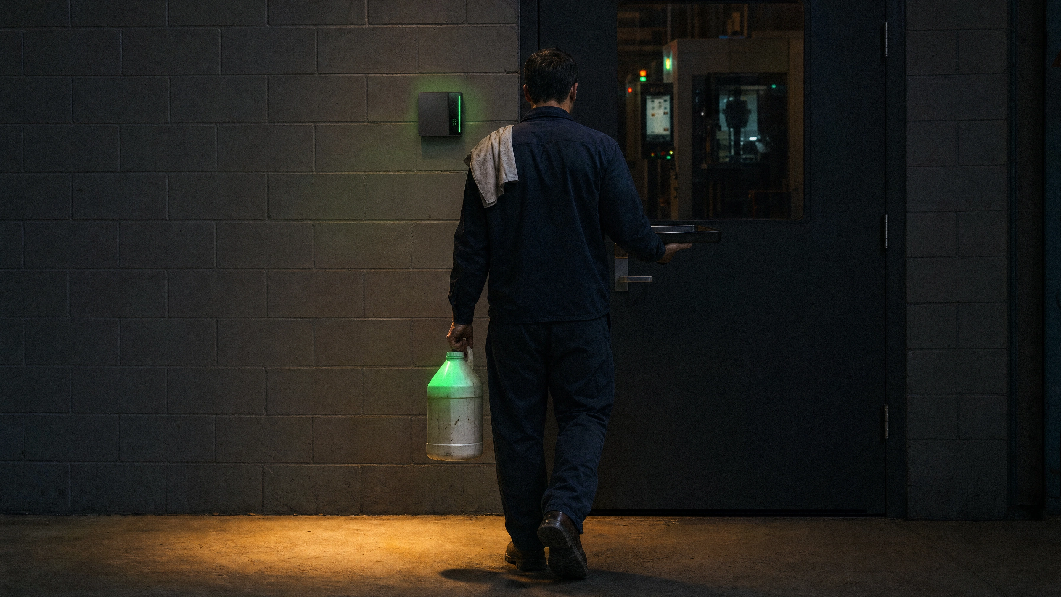 A worker in a hard hat and hi-vis vest at a plant-floor door as a Rock X device verifies him, orange sparks from a welding line behind