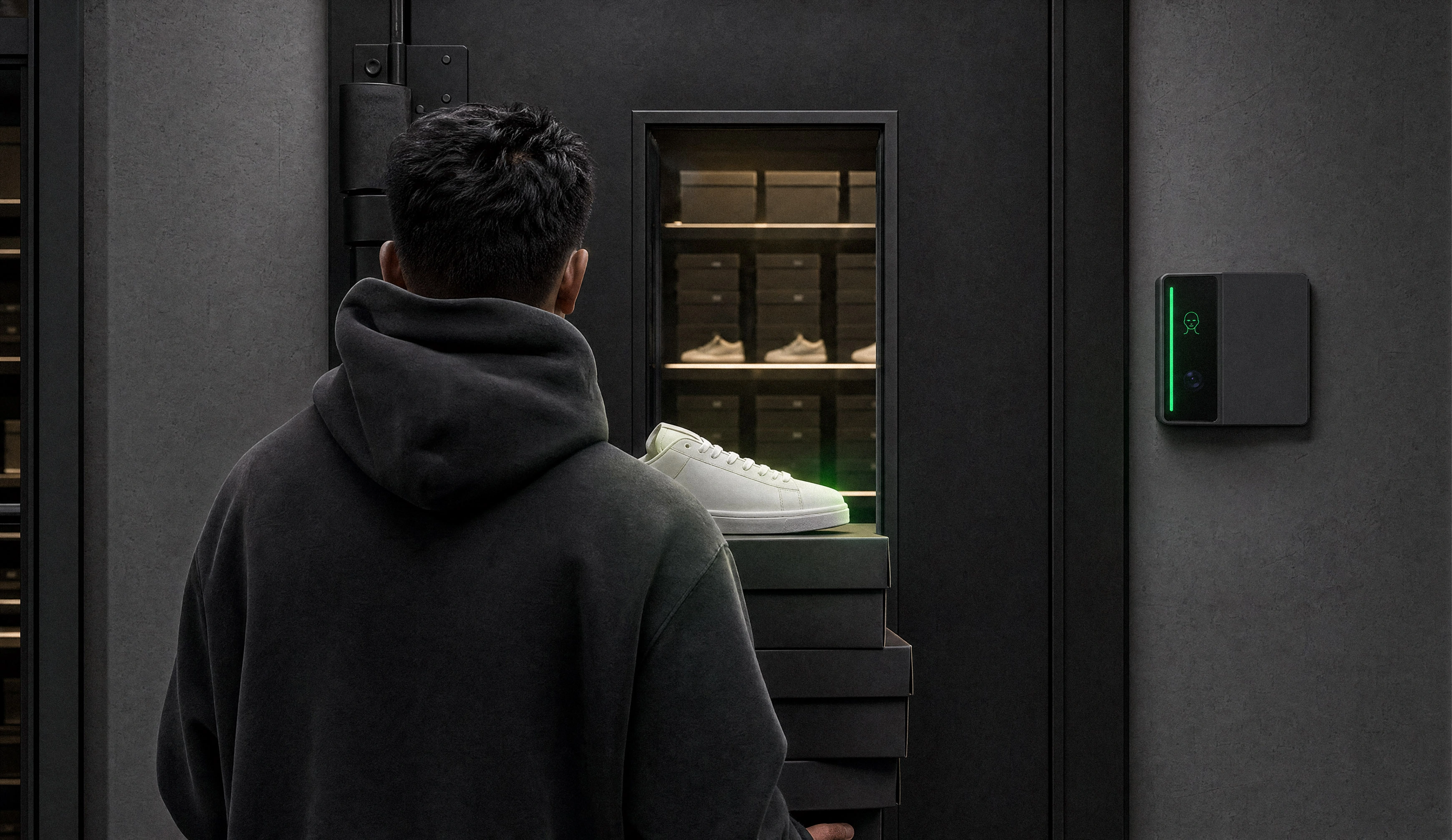 A store associate carrying shoe boxes toward a stockroom door as the Rock X device beside it glows green
