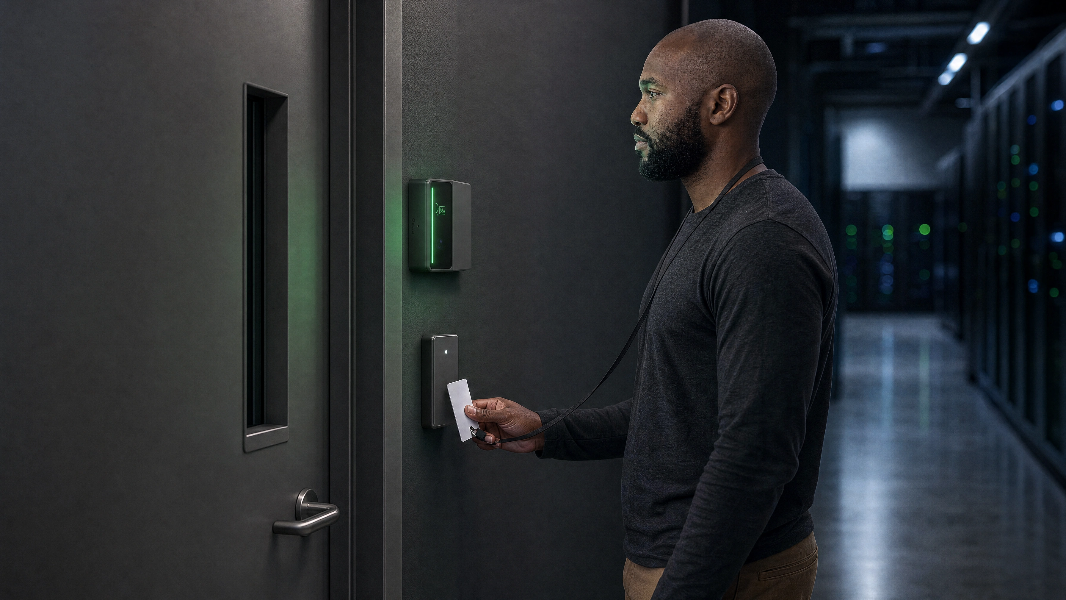 A person badging in at a Rock X on a data center door