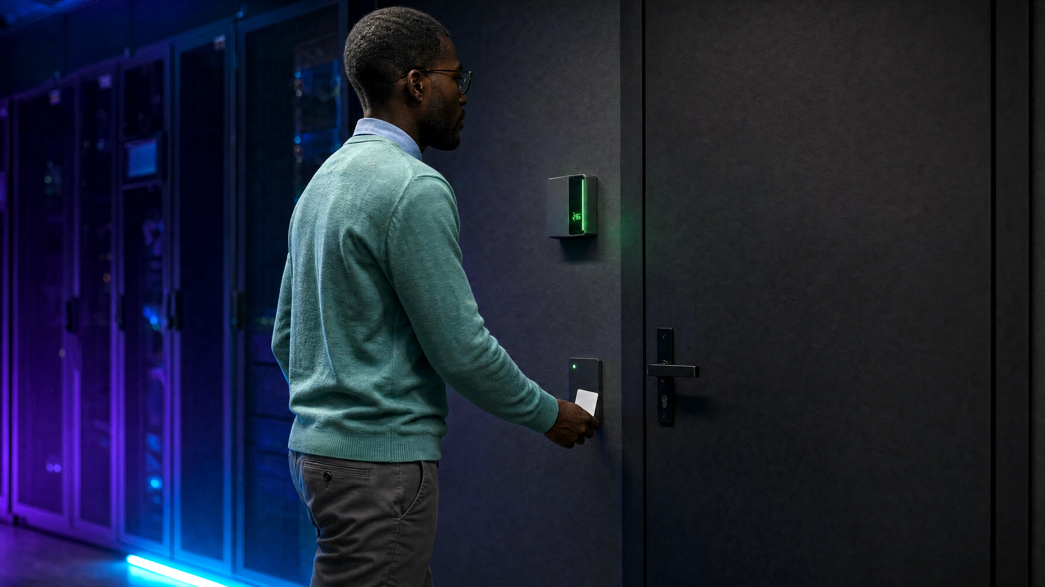 An employee badging at the card reader below a Rock X device on a data center door