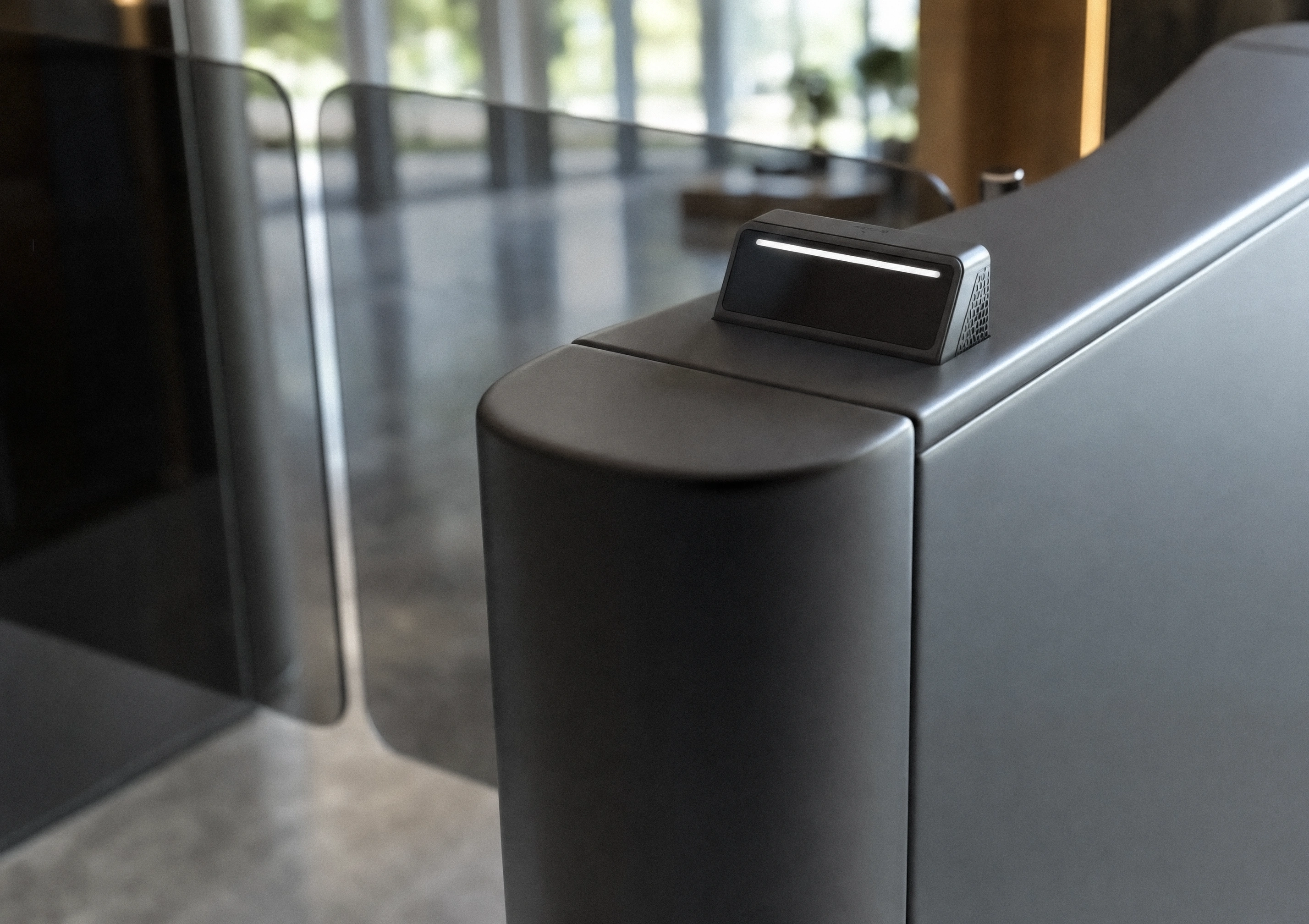 Rock X mounted on the pedestal of a speed lane in a daylit lobby, light bar lit
