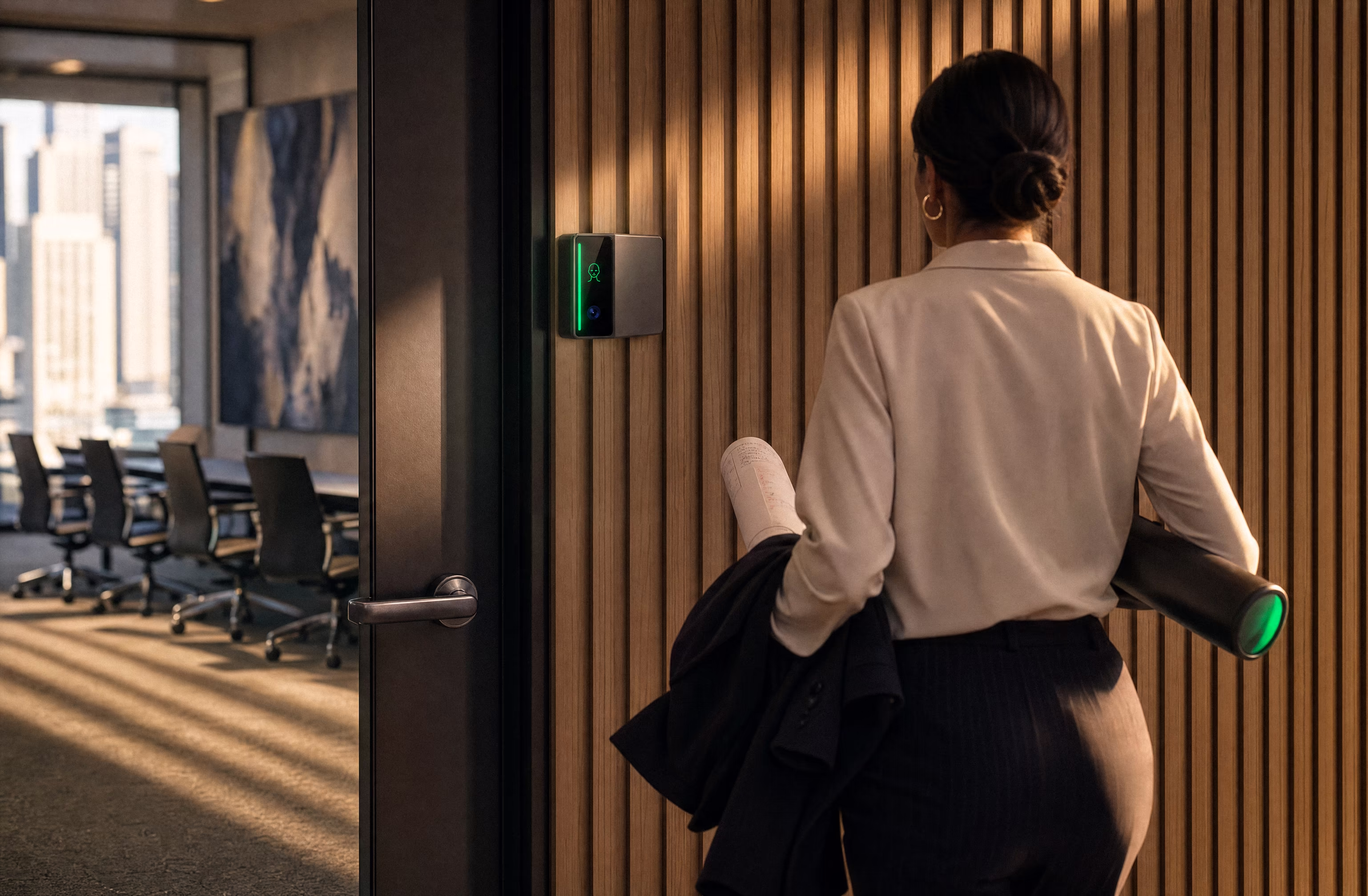 A woman walking toward a Rock X glowing green on a wood-paneled wall beside a conference room door