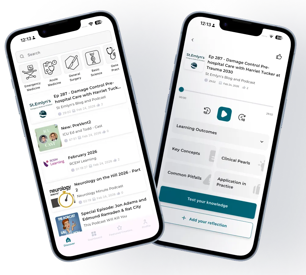 MedPod Learn app showing the podcast library and episode learning tools