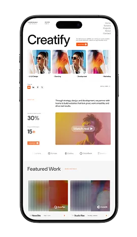 Smartphone screen displaying a creative agency website named Creatify, showing portfolio images, service categories, project statistics, a video reel button, and featured work thumbnails.