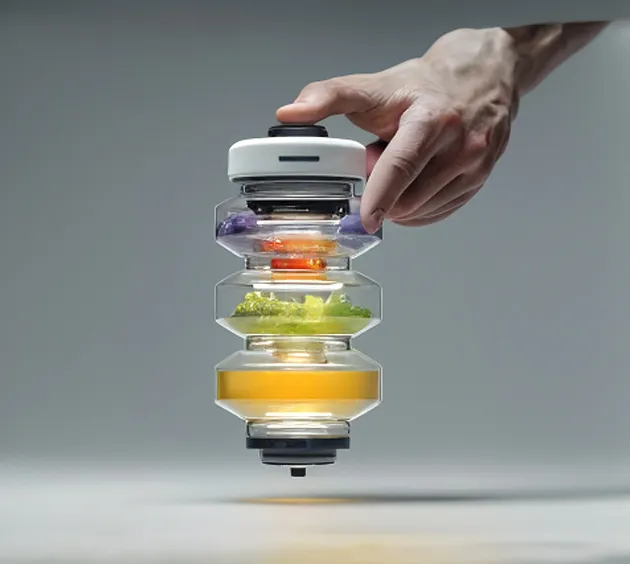 Hand holding a multi-layered transparent container with different colored liquids and sediments inside, suspended above a surface.