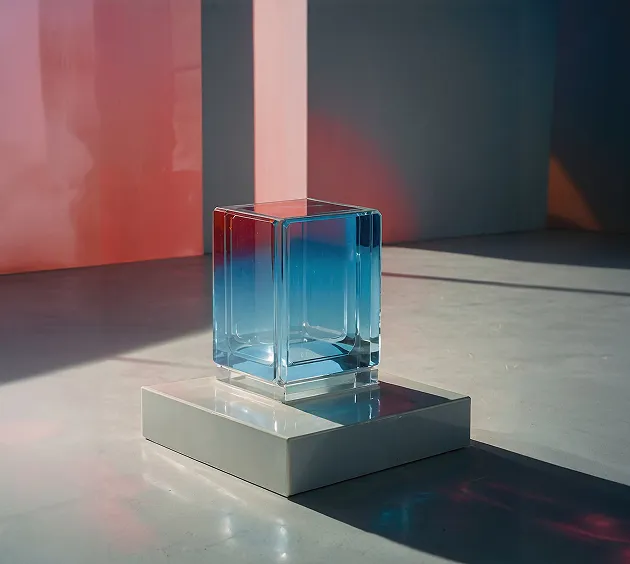 Transparent blue-tinted glass cube placed on a reflective square pedestal with soft colorful lighting and shadows on the floor.