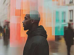 Side profile of a man wearing a black hoodie with an abstract colorful geometric overlay and blurred city background.