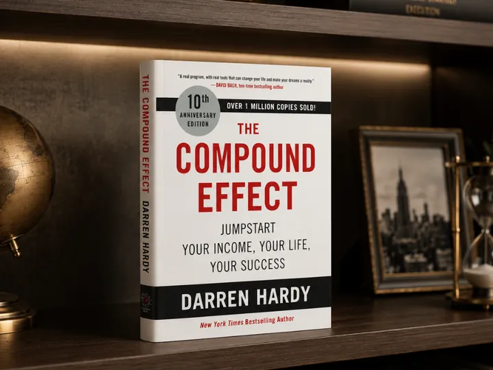 The Compound Effect hardcover on a bookshelf