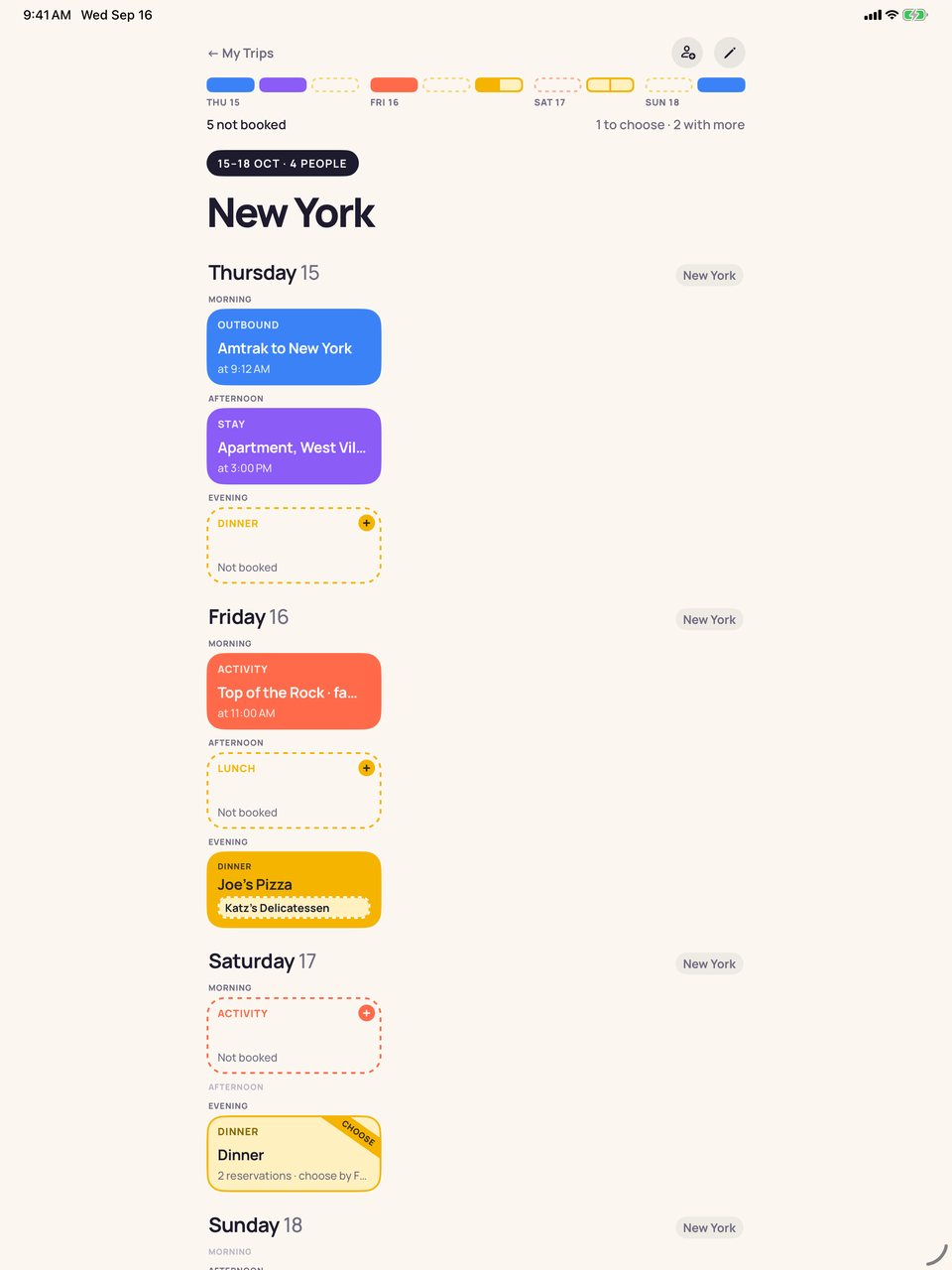 A whole New York trip in NotBooked: booked plans, open spots and a dinner still to choose