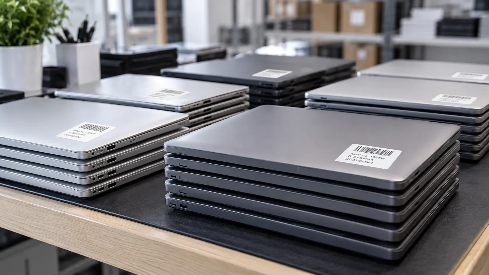 Gestapelde en gelabelde zakelijke laptops klaar voor ophalen