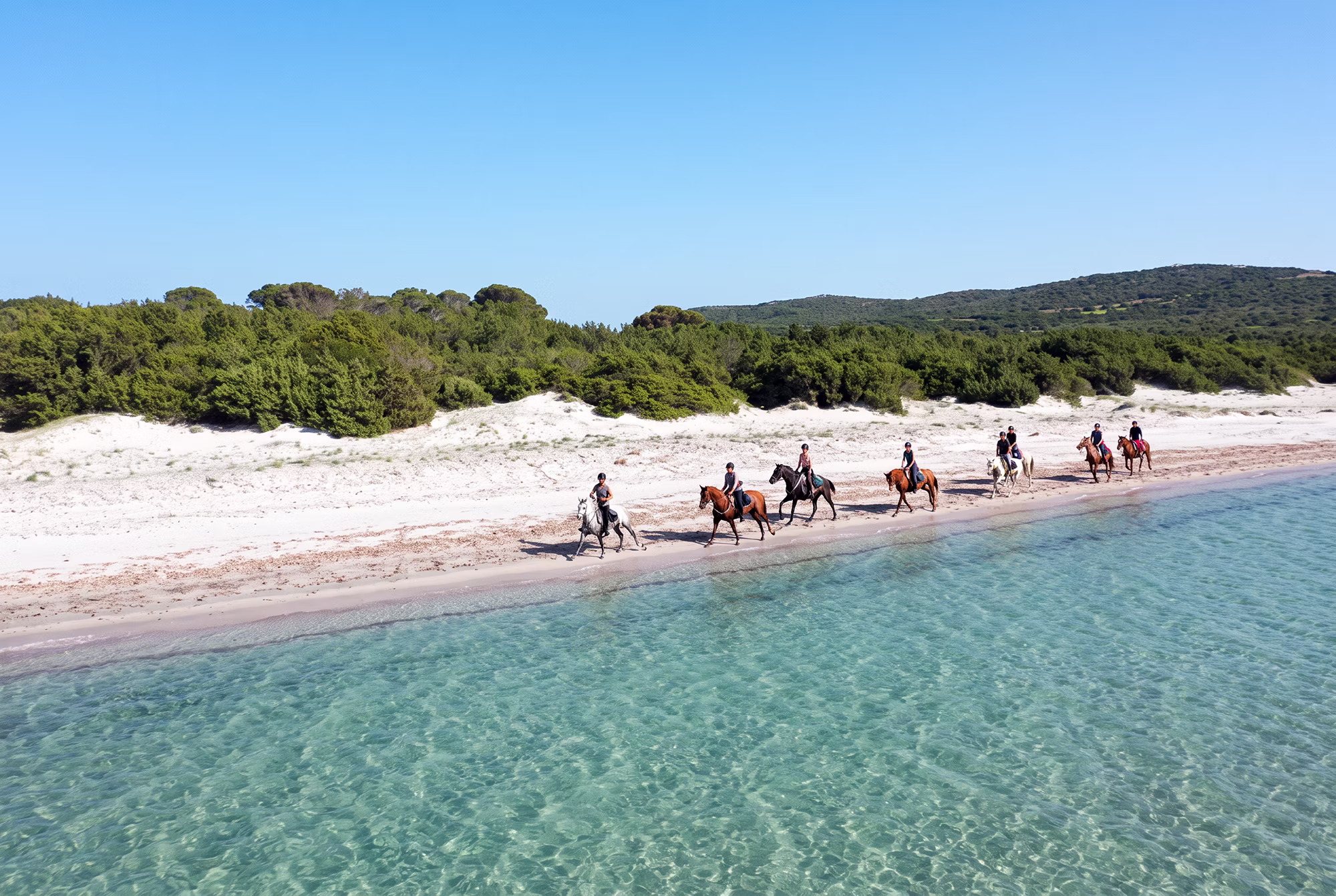 Eine Gruppe von Reitern folgt einem Sandstrand entlang des türkisblauen Meeres.
