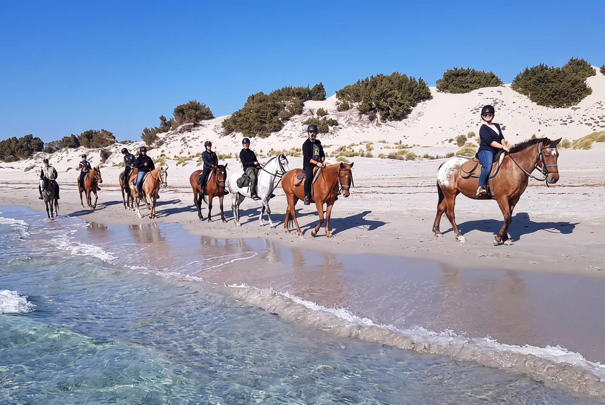 Eine Gruppe von Reitern folgt einem weißen Sandstrand direkt am Meer.