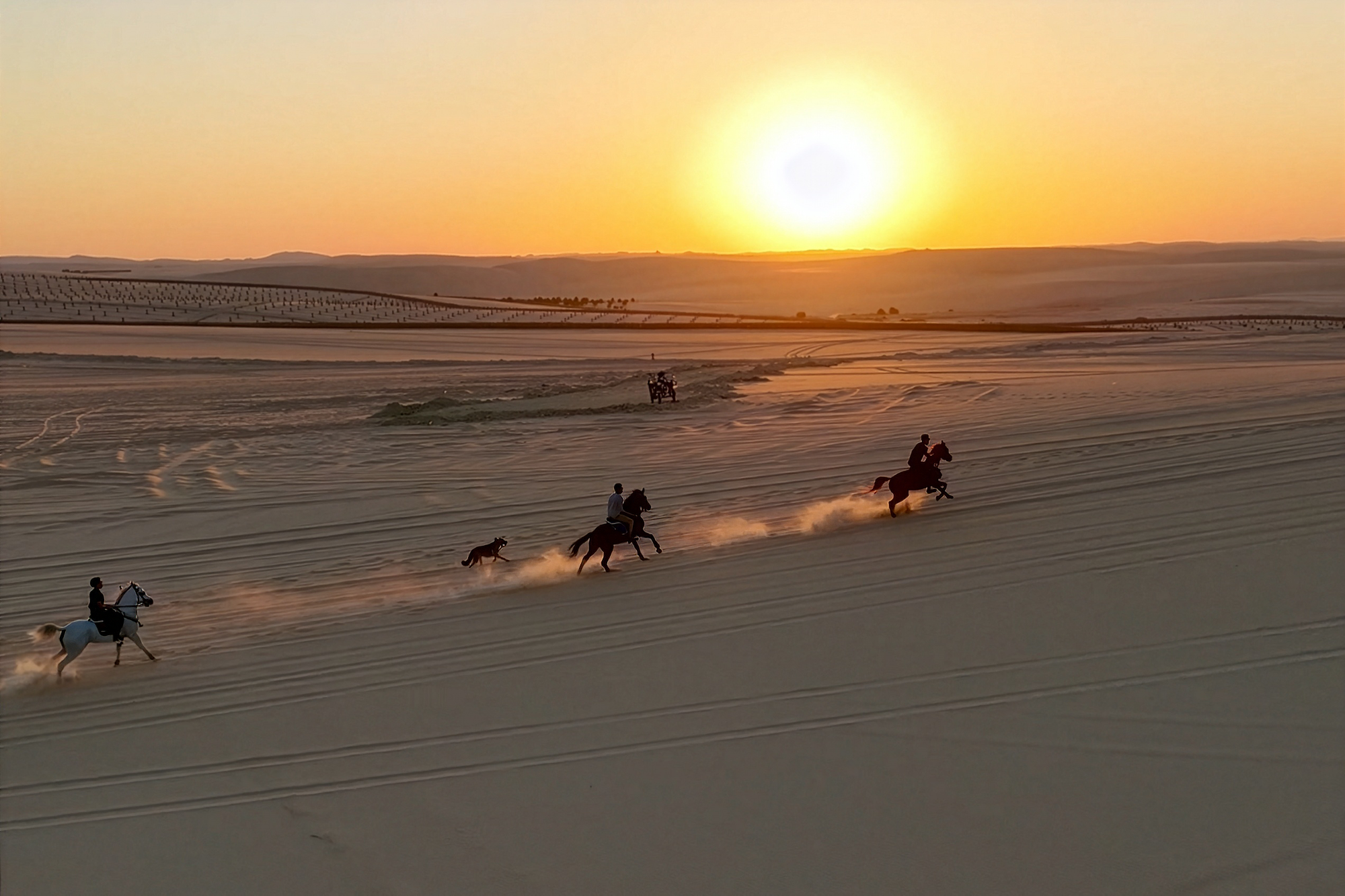 Reiter galoppieren bei Sonnenuntergang über eine weite Sanddüne.