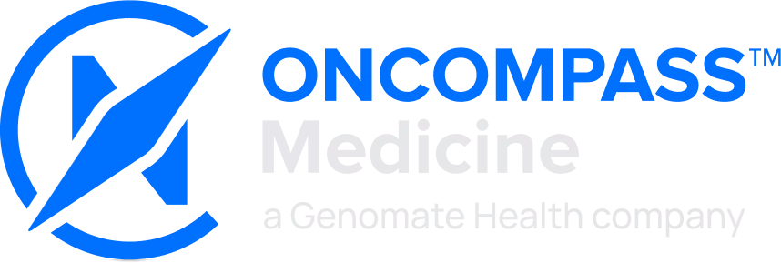 Oncompass Medicine logo with blue compass symbol and text reading 'ONCOMPASS Medicine a Genomate Health company'.