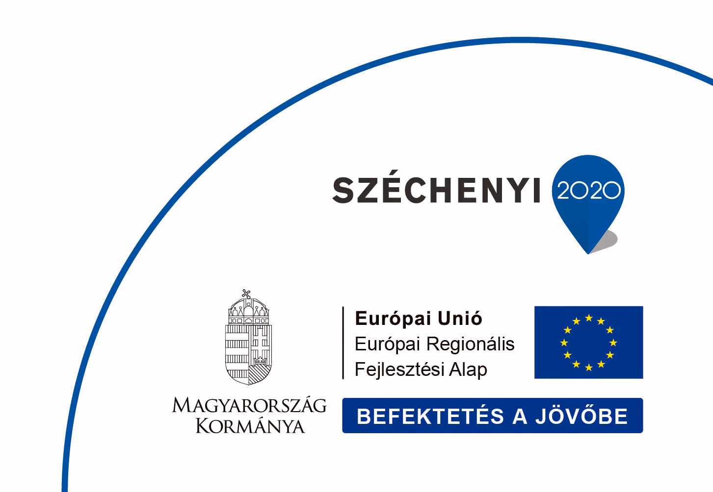 Logos and text related to Széchenyi 2020 program showing the Hungarian government crest, European Union flag, and text mentioning the European Regional Development Fund with the slogan 'Investment in the Future' in Hungarian.