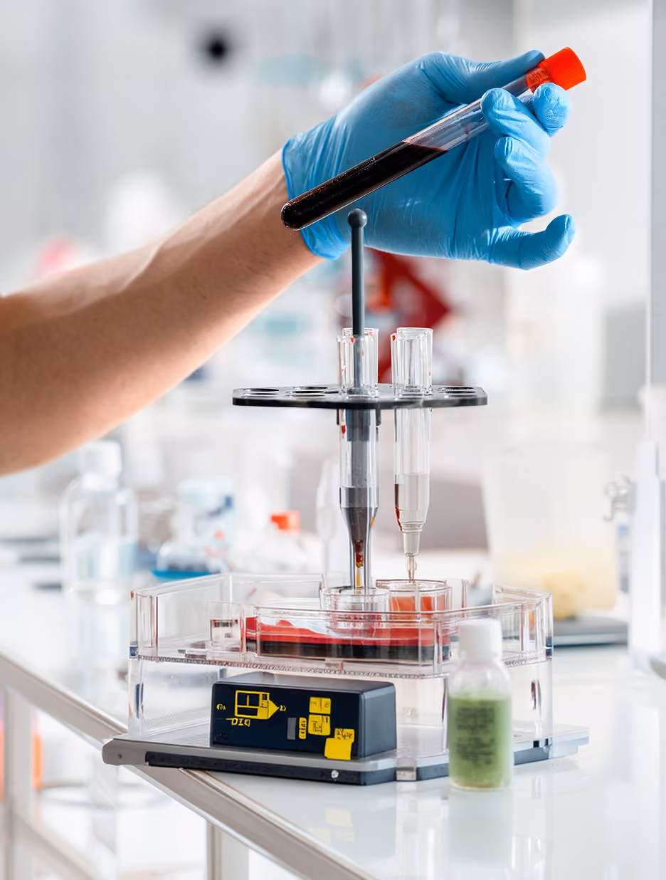 Hand wearing blue glove holding a test tube with dark red liquid above a laboratory device with small test tubes and a digital display on a white lab bench.