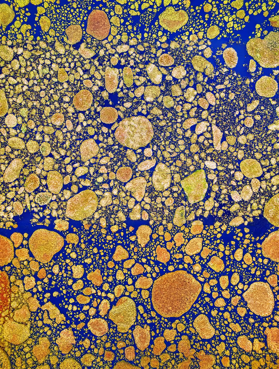 Close-up view of numerous irregularly shaped, gold and bronze metallic flakes scattered densely over a royal blue background.